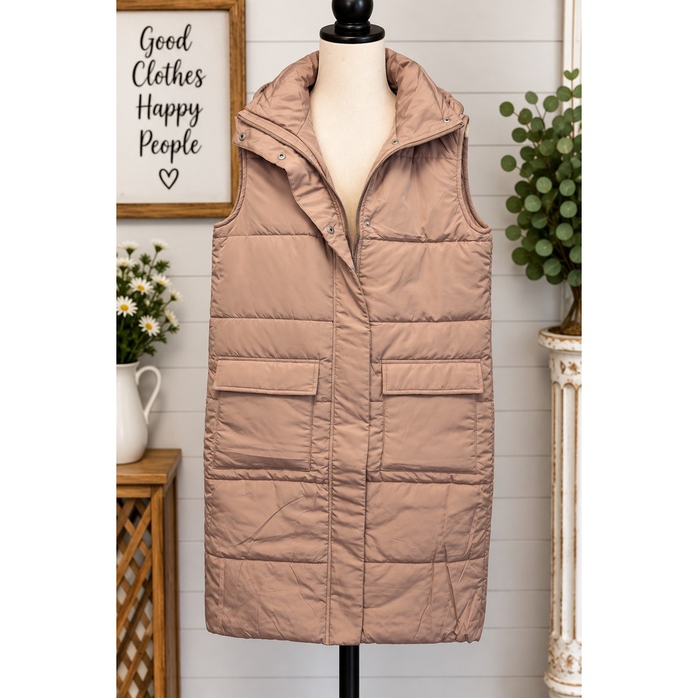 Katydid Womens Long Puffer Vest Tan Sleeveless Quilted Jacket Small NWT KDC-VSTL